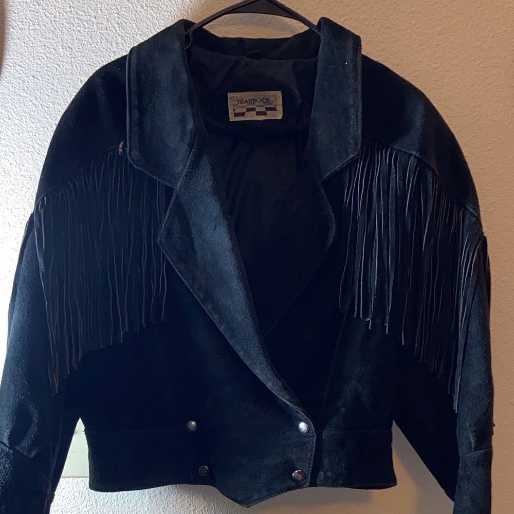 VTG, 80s Stylish Black Fringe Women's Blazer Leather Jacket Size Appropriate L